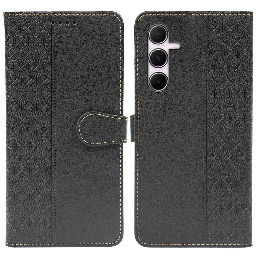 For Samsung Galaxy A35 5G Case Magnetic Clasp Four-Leaf Clover Leather Phone Cover - Black - 1