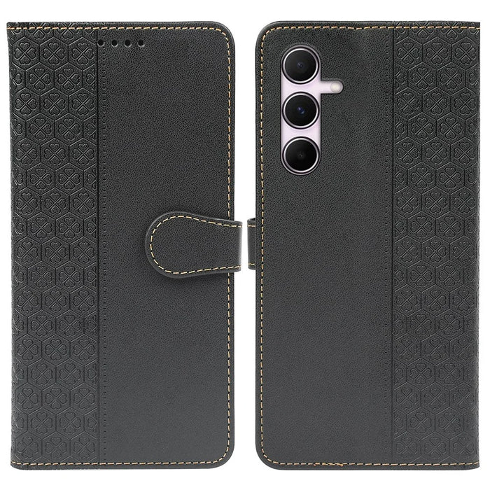 For Samsung Galaxy A35 5G Case Magnetic Clasp Four-Leaf Clover Leather Phone Cover - Black - 1