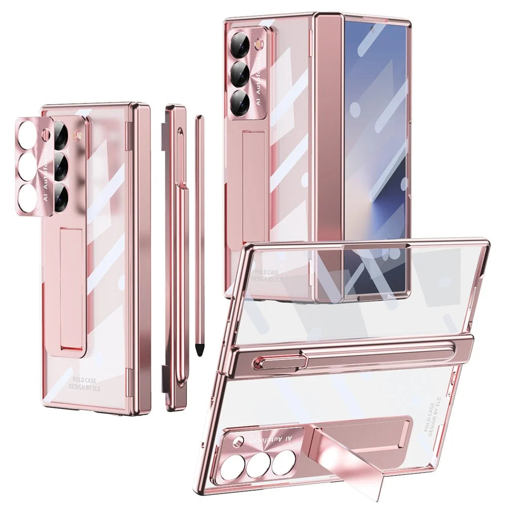 For Samsung Galaxy Z Fold6 5G Case Kickstand Dual Hinge PC Phone Cover with Screen Film and Stylus - Rose Gold - 1