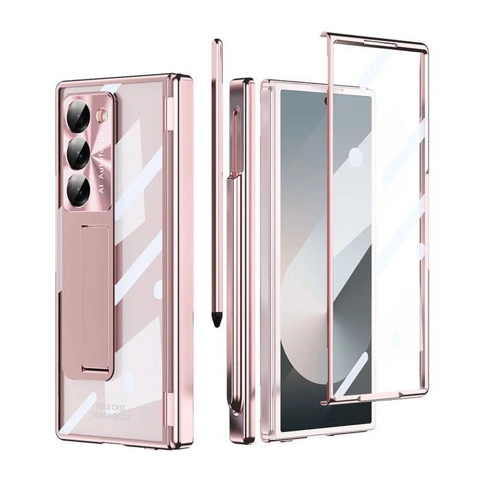 For Samsung Galaxy Z Fold6 5G Case Kickstand Dual Hinge PC Phone Cover with Screen Film and Stylus - Rose Gold - 2
