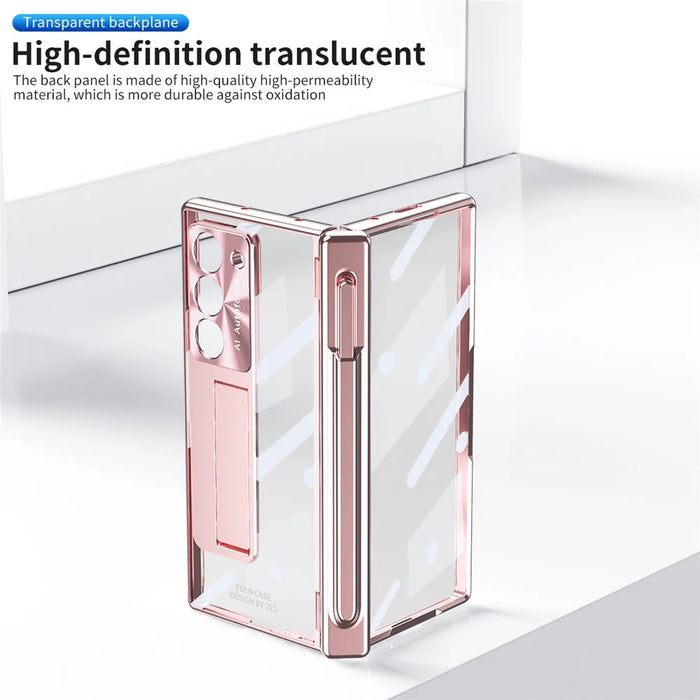 For Samsung Galaxy Z Fold6 5G Case Kickstand Dual Hinge PC Phone Cover with Screen Film and Stylus - Rose Gold - 3