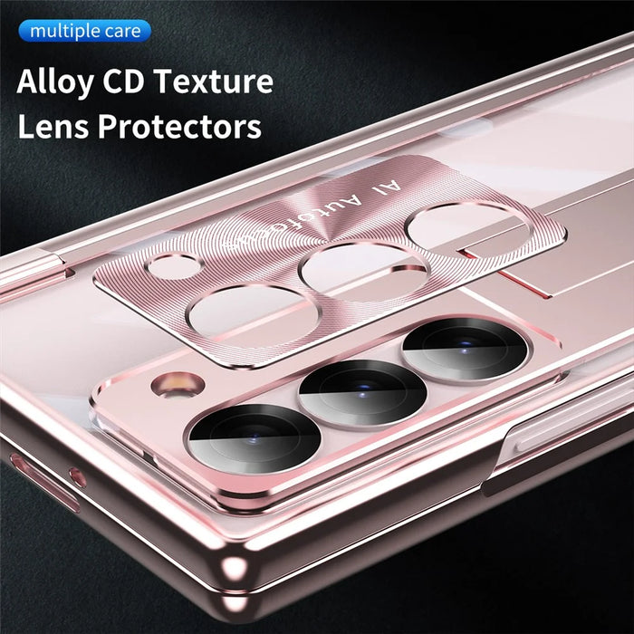 For Samsung Galaxy Z Fold6 5G Case Kickstand Dual Hinge PC Phone Cover with Screen Film and Stylus - Rose Gold - 6
