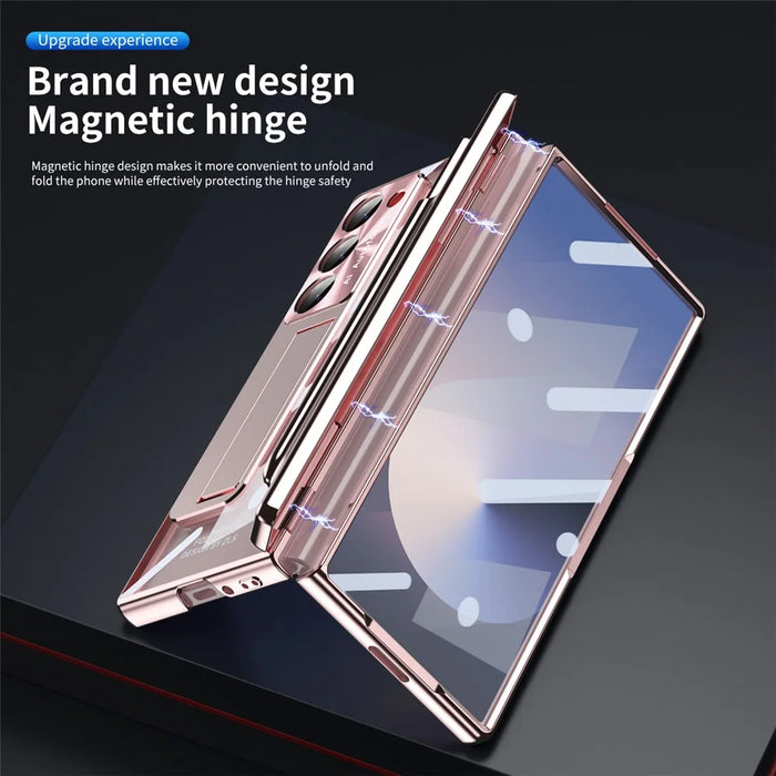 For Samsung Galaxy Z Fold6 5G Case Kickstand Dual Hinge PC Phone Cover with Screen Film and Stylus - Rose Gold - 7