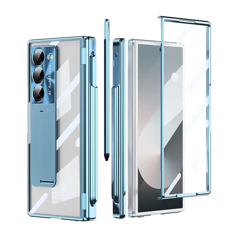 For Samsung Galaxy Z Fold6 5G Case Stylus Slot Hinge Kickstand PC Cover with Screen Film / Stylus - Blue - 2