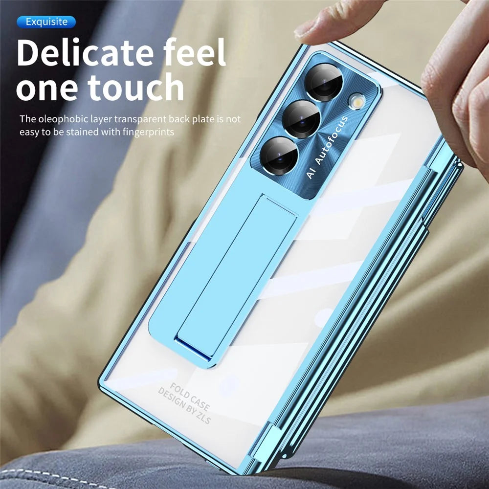 For Samsung Galaxy Z Fold6 5G Case Stylus Slot Hinge Kickstand PC Cover with Screen Film / Stylus - Blue - 4