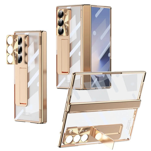 For Samsung Galaxy Z Fold6 5G Case Kickstand Hinge Electroplating PC Cover with Screen Film - Champagne Gold - 1
