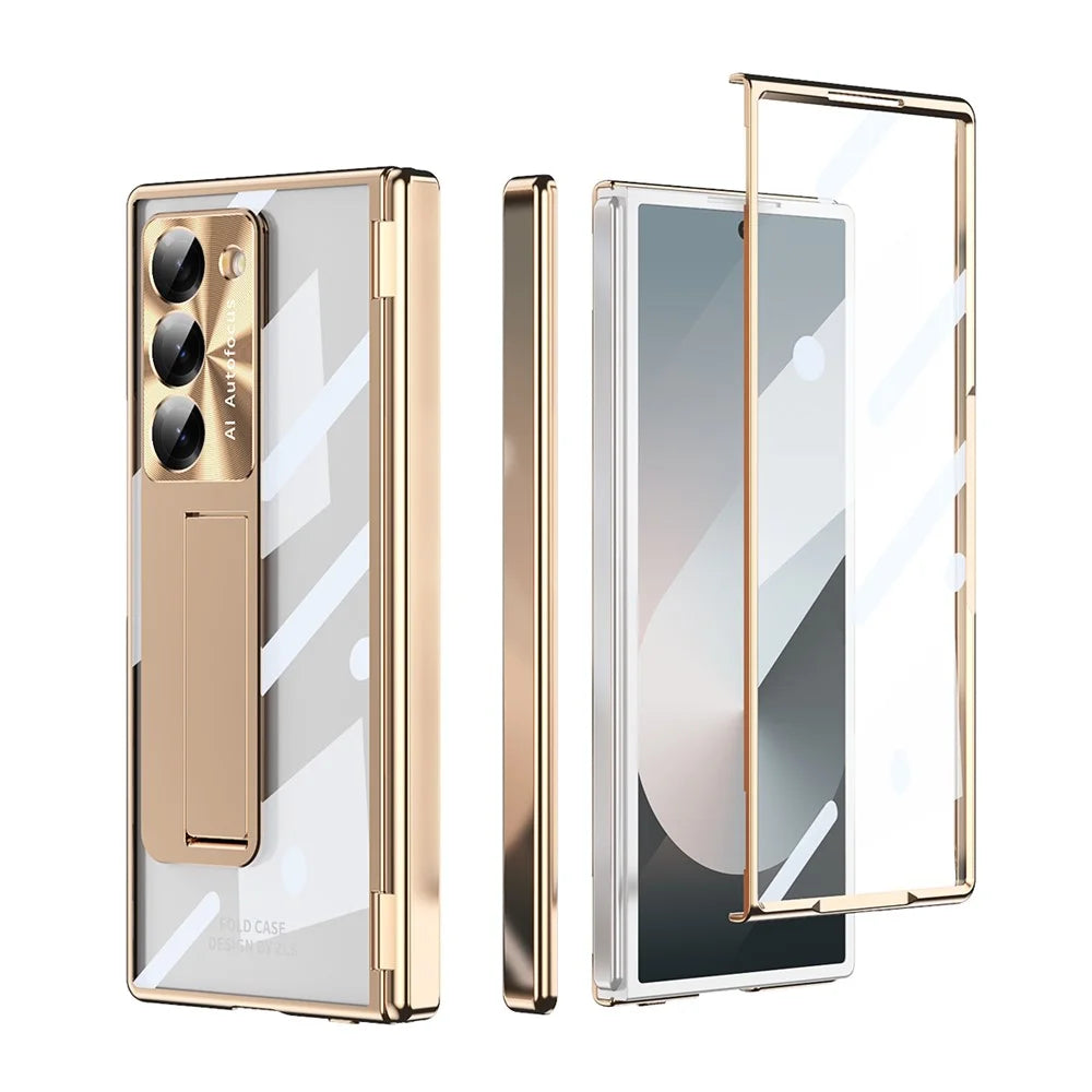 For Samsung Galaxy Z Fold6 5G Case Kickstand Hinge Electroplating PC Cover with Screen Film - Champagne Gold - 2