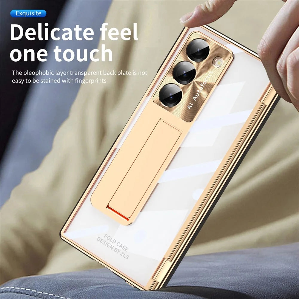For Samsung Galaxy Z Fold6 5G Case Kickstand Hinge Electroplating PC Cover with Screen Film - Champagne Gold - 3