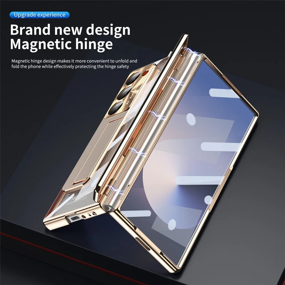For Samsung Galaxy Z Fold6 5G Case Kickstand Hinge Electroplating PC Cover with Screen Film - Champagne Gold - 4