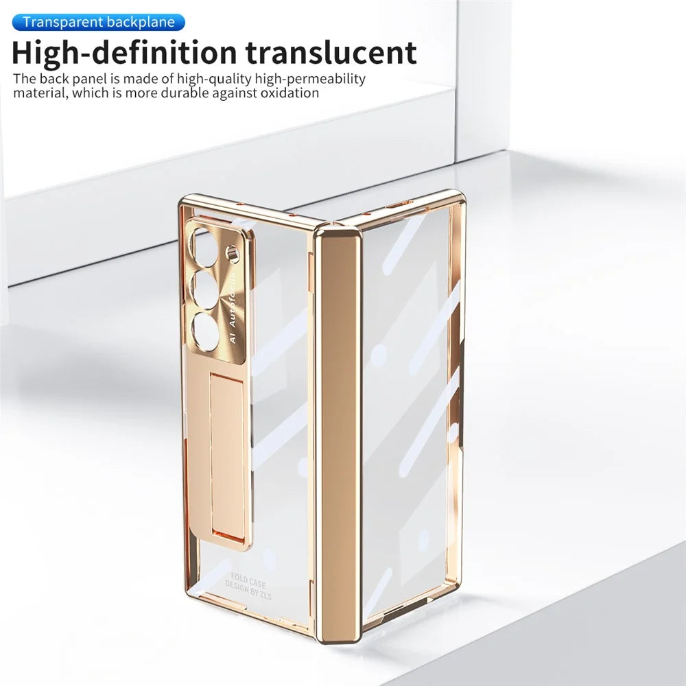 For Samsung Galaxy Z Fold6 5G Case Kickstand Hinge Electroplating PC Cover with Screen Film - Champagne Gold - 5