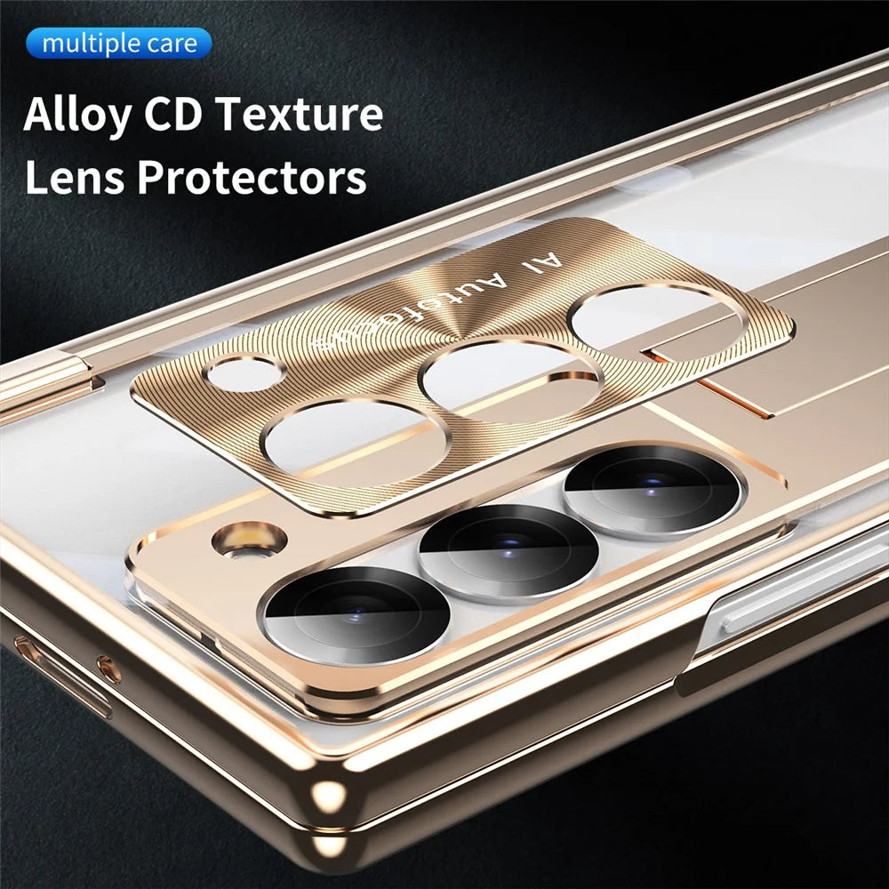 For Samsung Galaxy Z Fold6 5G Case Kickstand Hinge Electroplating PC Cover with Screen Film - Champagne Gold - 7