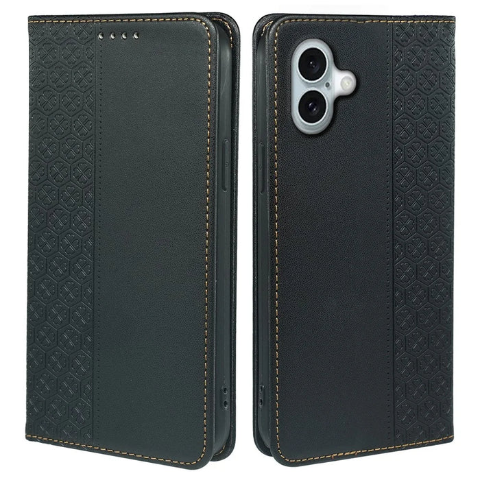 For iPhone 16 Plus Case Four-Leaf Clover Leather Flip Phone Cover Stand Wallet - Black - 1