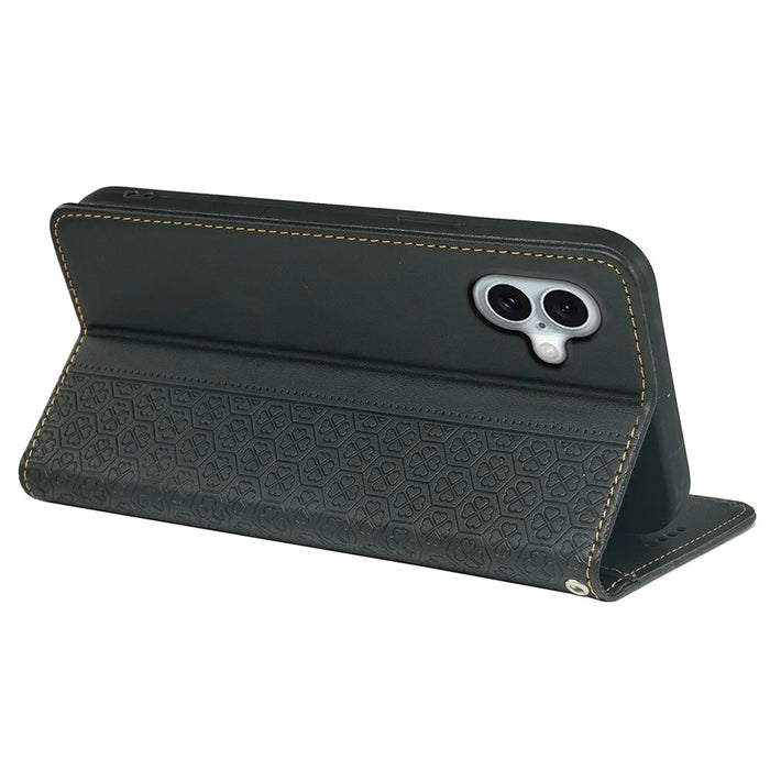For iPhone 16 Plus Case Four-Leaf Clover Leather Flip Phone Cover Stand Wallet - Black - 4