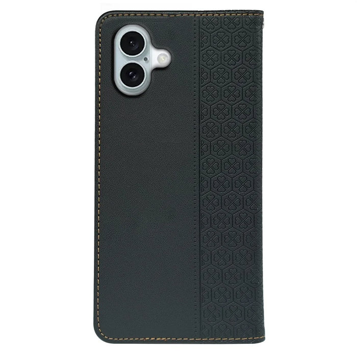 For iPhone 16 Plus Case Four-Leaf Clover Leather Flip Phone Cover Stand Wallet - Black - 5