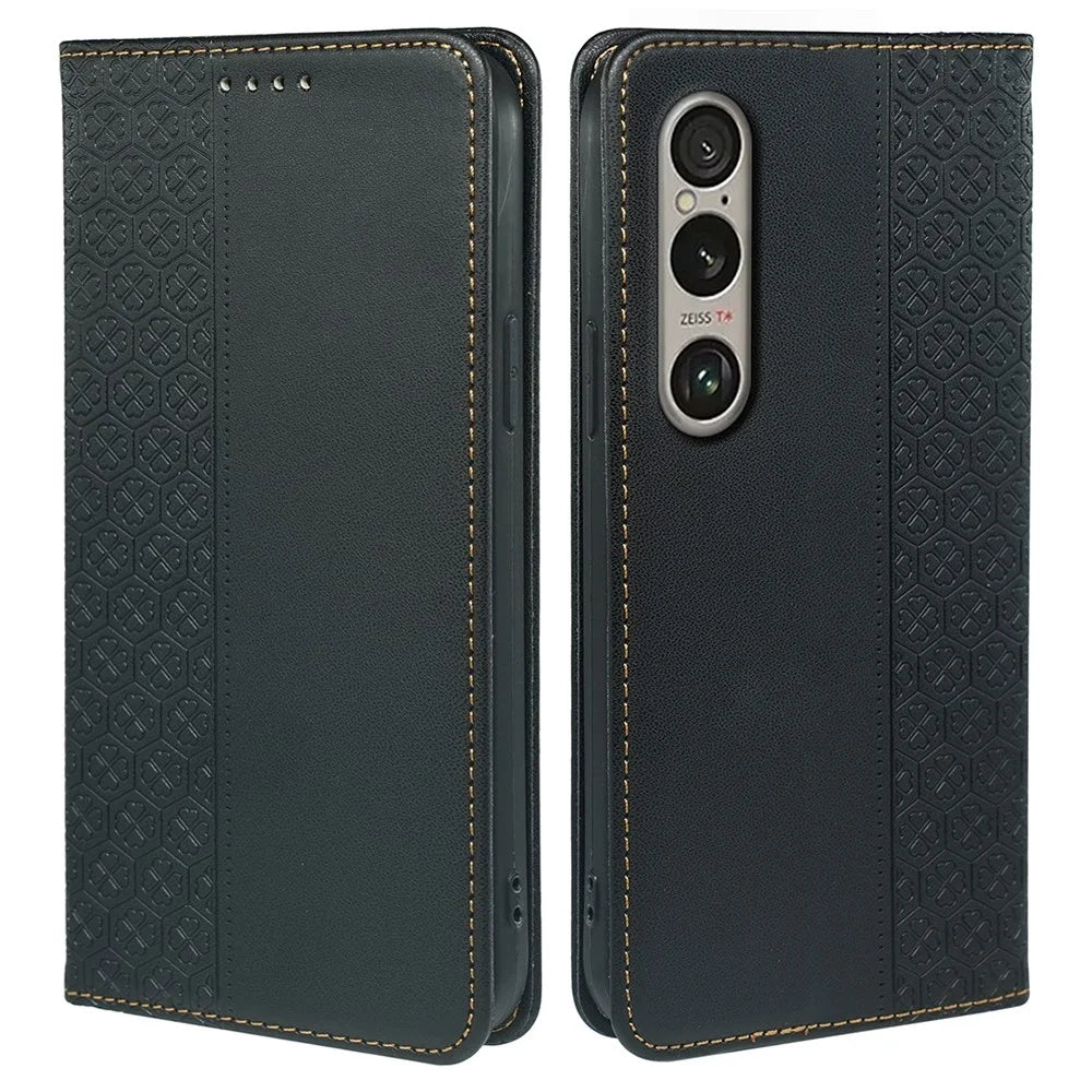For Sony Xperia 1 VI Case Four-Leaf Clover Leather Flip Phone Cover Stand Wallet - Black - 1