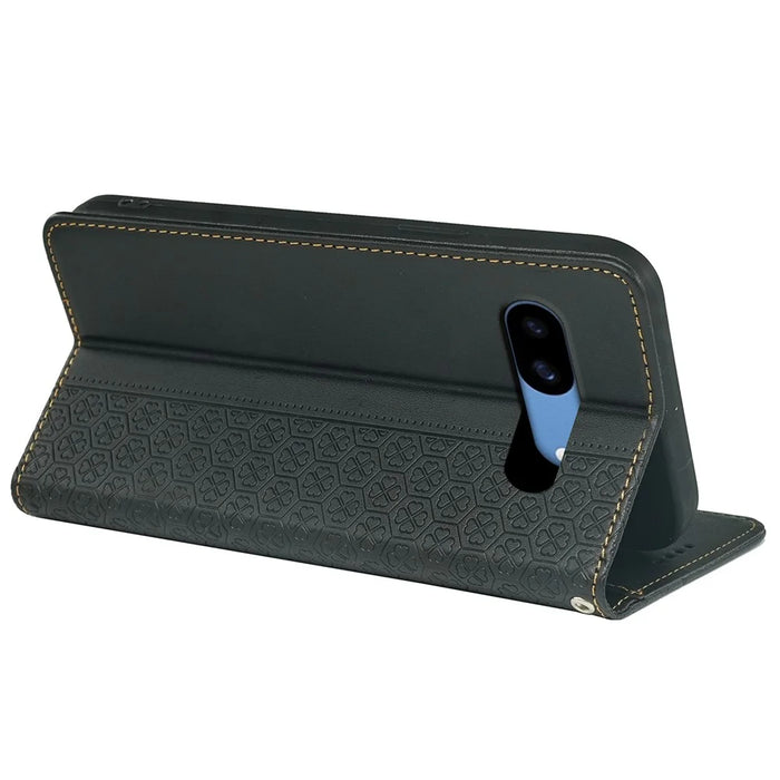 For Google Pixel 8a Case Four-Leaf Clover Leather Flip Phone Cover Stand Wallet - Black - 4