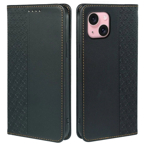 For iPhone 15 Case Four-Leaf Clover Leather Flip Phone Cover Stand Wallet - Black - 1