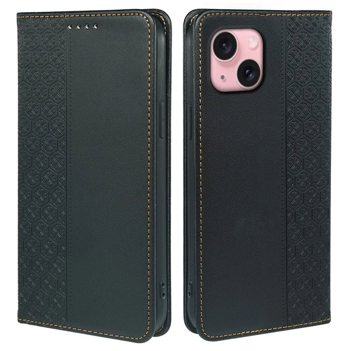 For iPhone 15 Case Four-Leaf Clover Leather Flip Phone Cover Stand Wallet - Black - 1