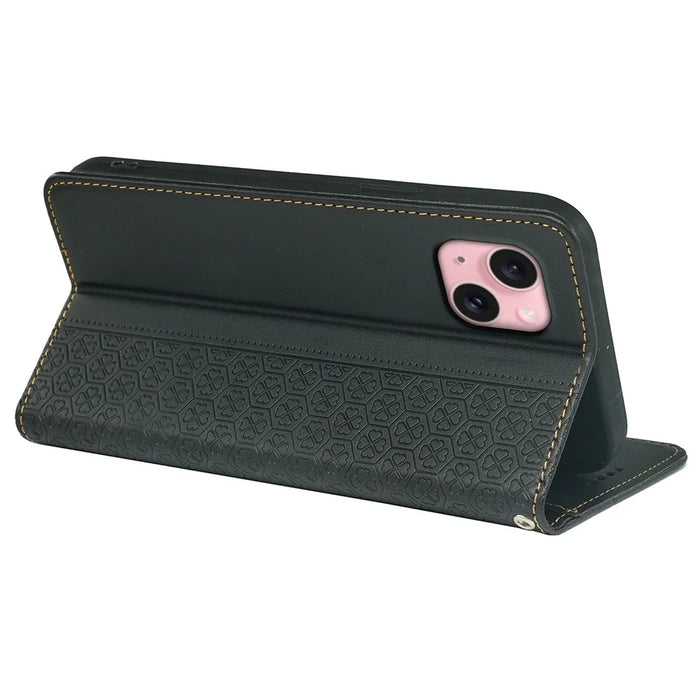 For iPhone 15 Case Four-Leaf Clover Leather Flip Phone Cover Stand Wallet - Black - 4
