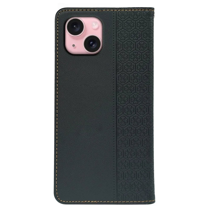 For iPhone 15 Case Four-Leaf Clover Leather Flip Phone Cover Stand Wallet - Black - 6