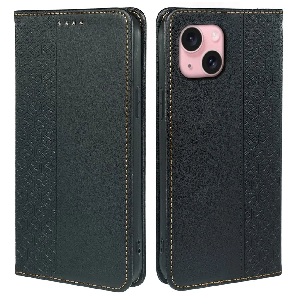 For iPhone 14 Case Four-Leaf Clover Leather Flip Phone Cover Stand Wallet - Black - 1
