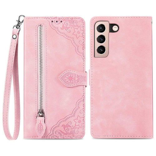 For Samsung Galaxy S21 5G / S21 4G Zipper Wallet Case with Strap Flower Imprint PU Leather Phone Cover - Pink - 1