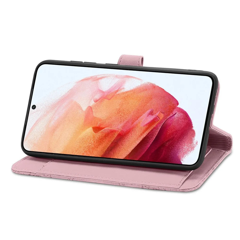 For Samsung Galaxy S21 5G / S21 4G Zipper Wallet Case with Strap Flower Imprint PU Leather Phone Cover - Pink - 2