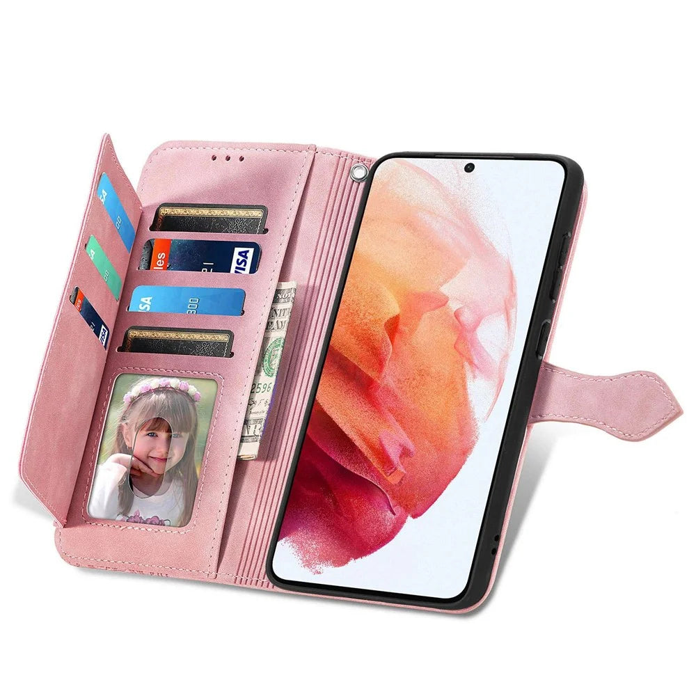 For Samsung Galaxy S21 5G / S21 4G Zipper Wallet Case with Strap Flower Imprint PU Leather Phone Cover - Pink - 3