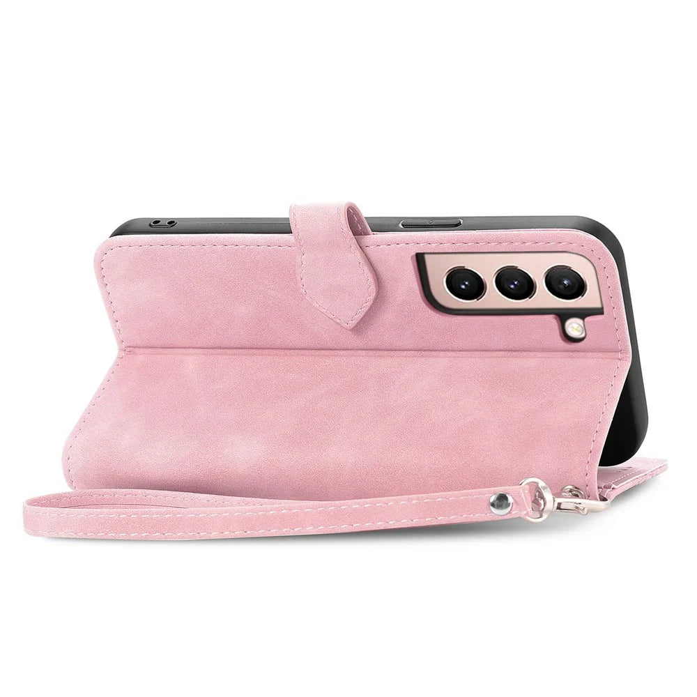 For Samsung Galaxy S21 5G / S21 4G Zipper Wallet Case with Strap Flower Imprint PU Leather Phone Cover - Pink - 4