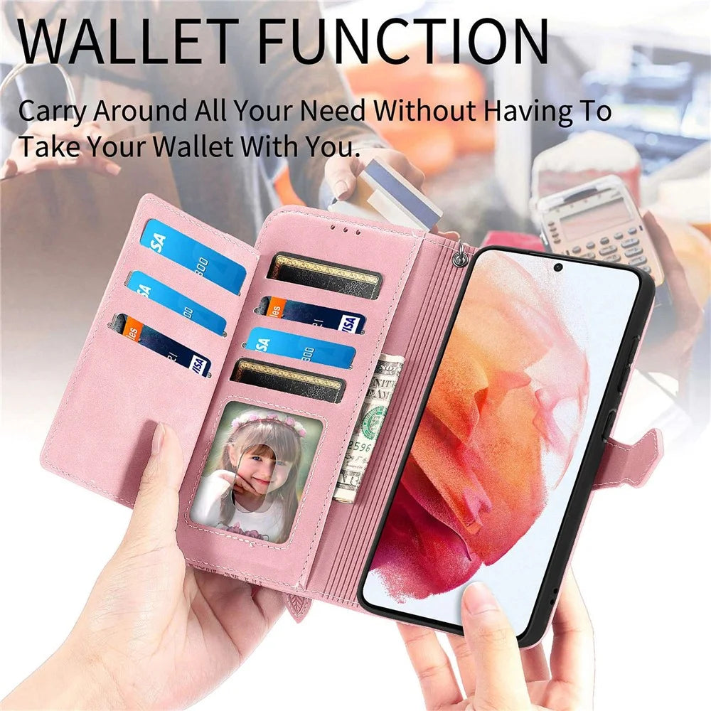 For Samsung Galaxy S21 5G / S21 4G Zipper Wallet Case with Strap Flower Imprint PU Leather Phone Cover - Pink - 7