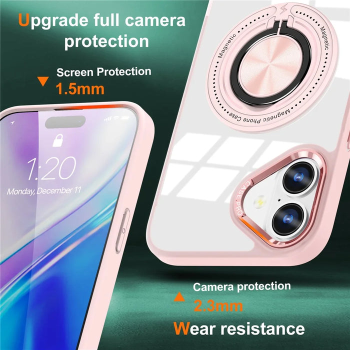 For iPhone 16 Case Magnetic Ring Holder Kickstand PC+TPU Phone Cover - Pink - 2
