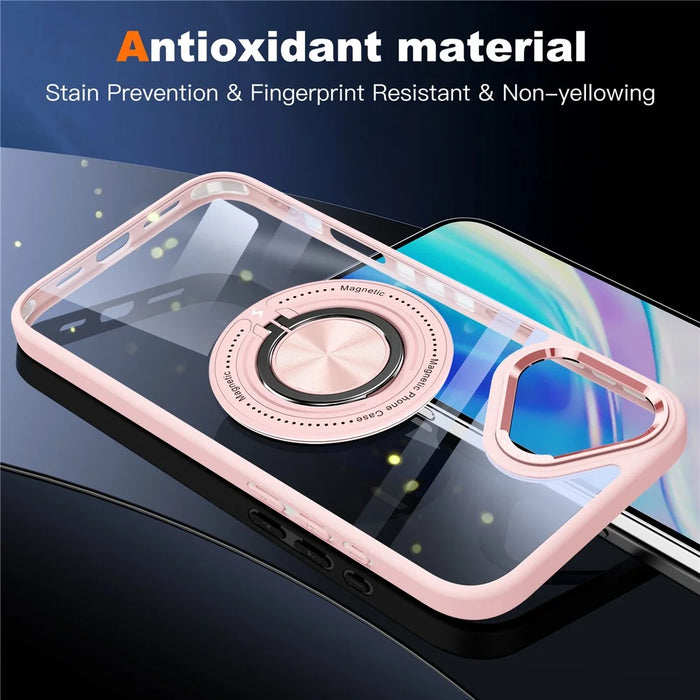 For iPhone 16 Case Magnetic Ring Holder Kickstand PC+TPU Phone Cover - Pink - 7