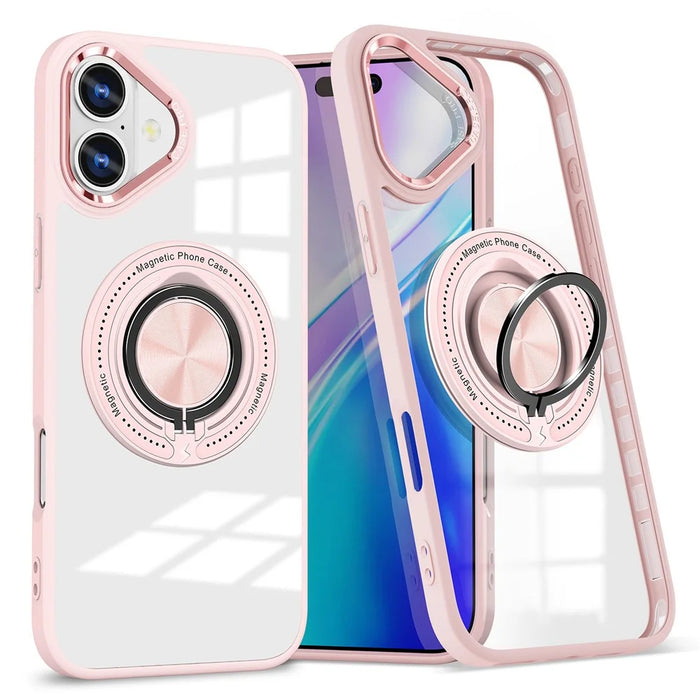 For iPhone 16 Plus Case Magnetic Ring Holder Kickstand PC+TPU Phone Cover - Pink - 1