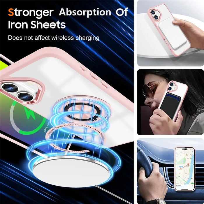For iPhone 16 Plus Case Magnetic Ring Holder Kickstand PC+TPU Phone Cover - Pink - 4