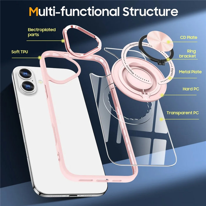For iPhone 16 Plus Case Magnetic Ring Holder Kickstand PC+TPU Phone Cover - Pink - 5