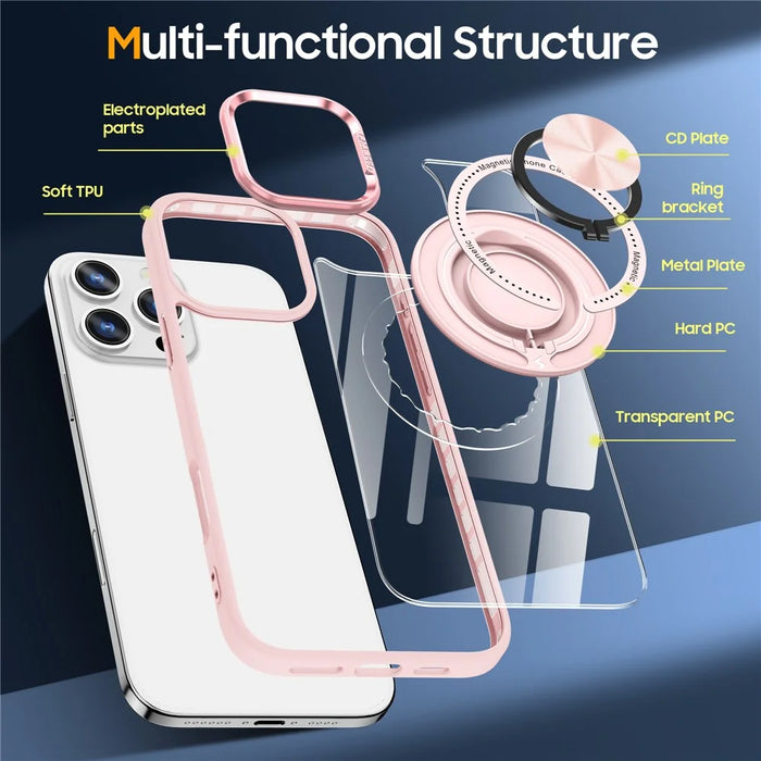 For iPhone 16 Pro Case Magnetic Ring Holder Kickstand PC+TPU Phone Cover - Pink - 5