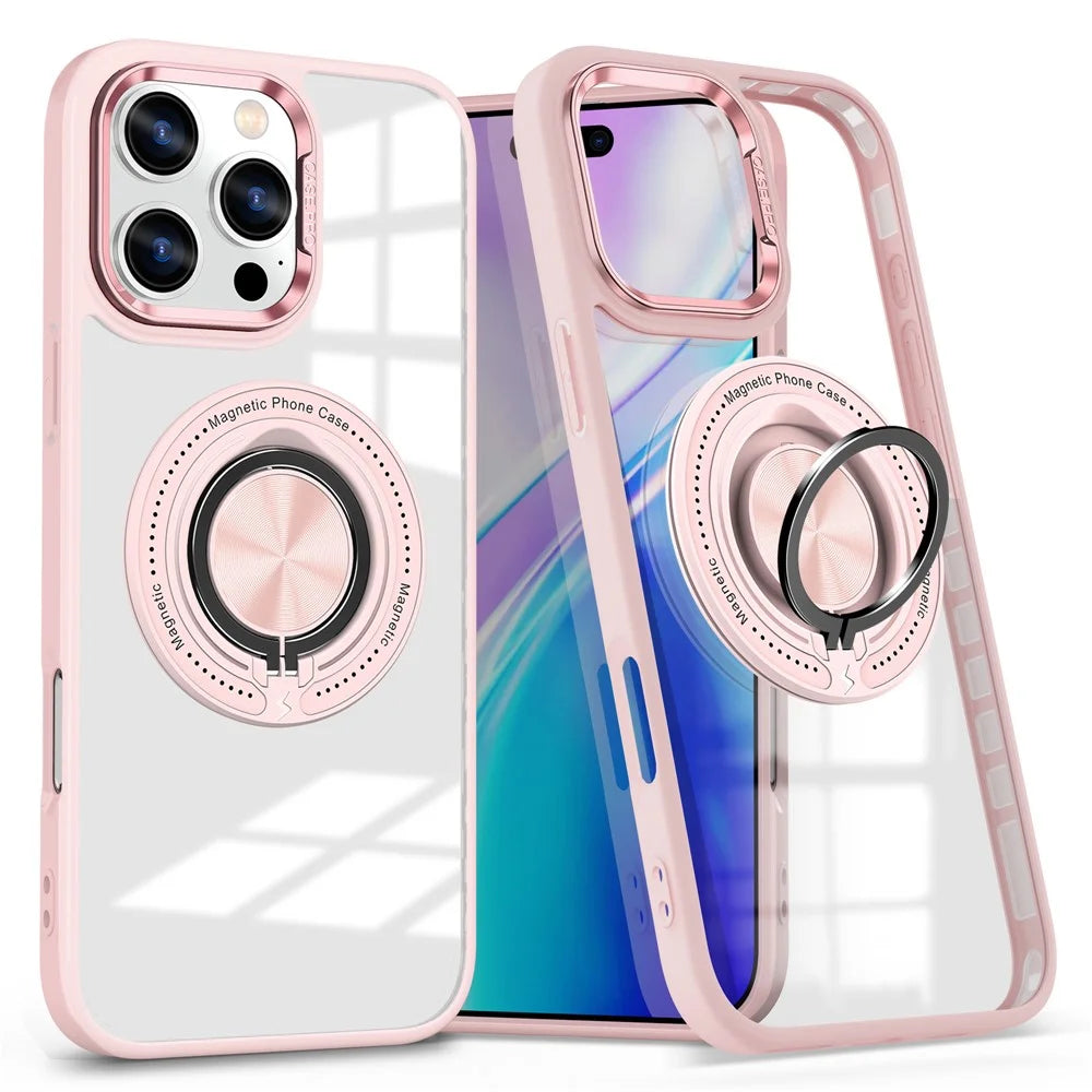For iPhone 16 Pro Max Case Magnetic Ring Holder Kickstand PC+TPU Phone Cover - Pink - 1