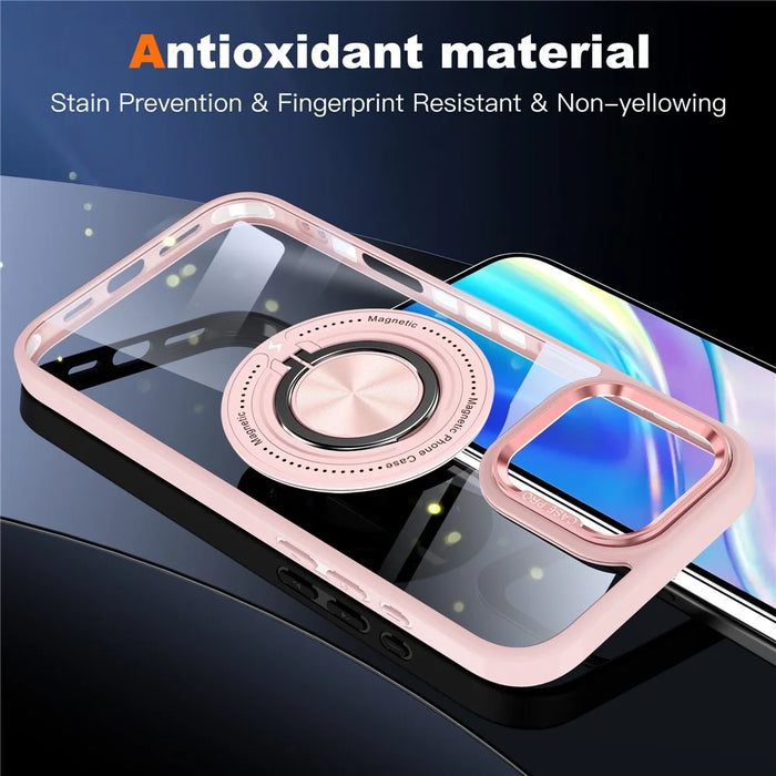 For iPhone 16 Pro Max Case Magnetic Ring Holder Kickstand PC+TPU Phone Cover - Pink - 7