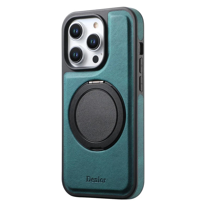 DENIOR A14 For iPhone 15 Pro Magnetic Case Rotary Kickstand Leather PC TPU Phone Cover - Blue - 1