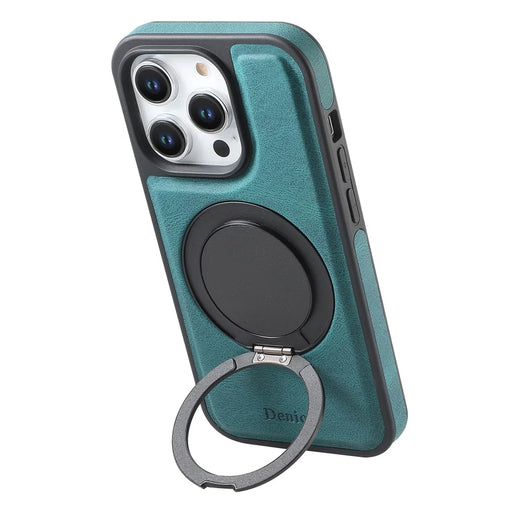 DENIOR A14 For iPhone 15 Pro Magnetic Case Rotary Kickstand Leather PC TPU Phone Cover - Blue - 2