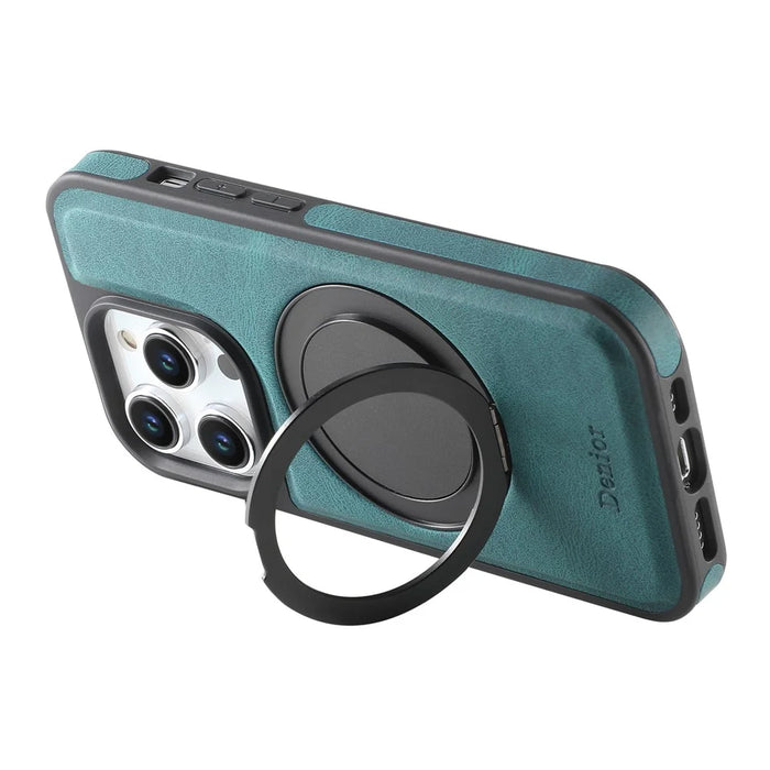 DENIOR A14 For iPhone 15 Pro Magnetic Case Rotary Kickstand Leather PC TPU Phone Cover - Blue - 3
