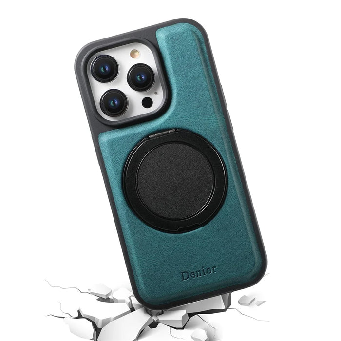 DENIOR A14 For iPhone 15 Pro Magnetic Case Rotary Kickstand Leather PC TPU Phone Cover - Blue - 5