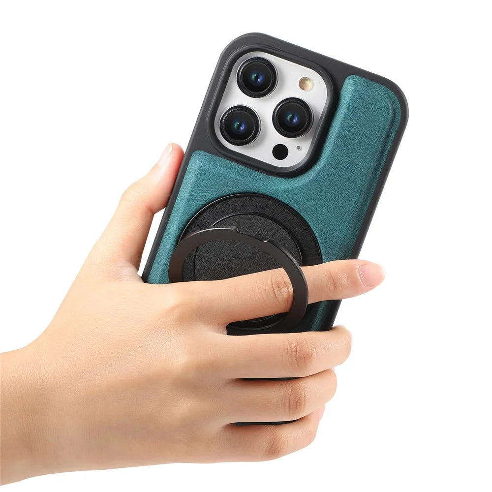 DENIOR A14 For iPhone 15 Pro Max Magnetic Case Rotary Kickstand Leather PC TPU Phone Cover - Blue - 4