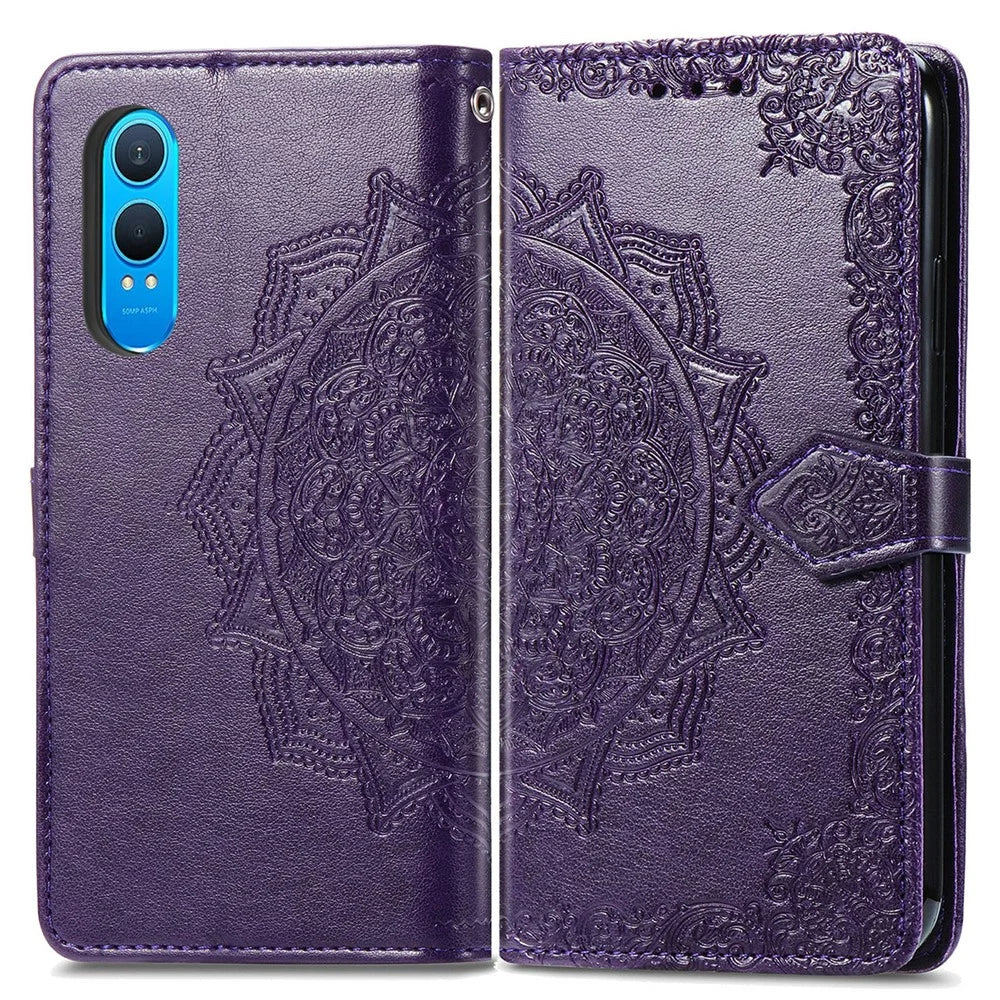 For OnePlus Nord CE4 Lite 5G  /  Oppo K12x 5G (China) Case Mandala Embossed Design Leather Wallet Phone Cover - Dark Purple - 1