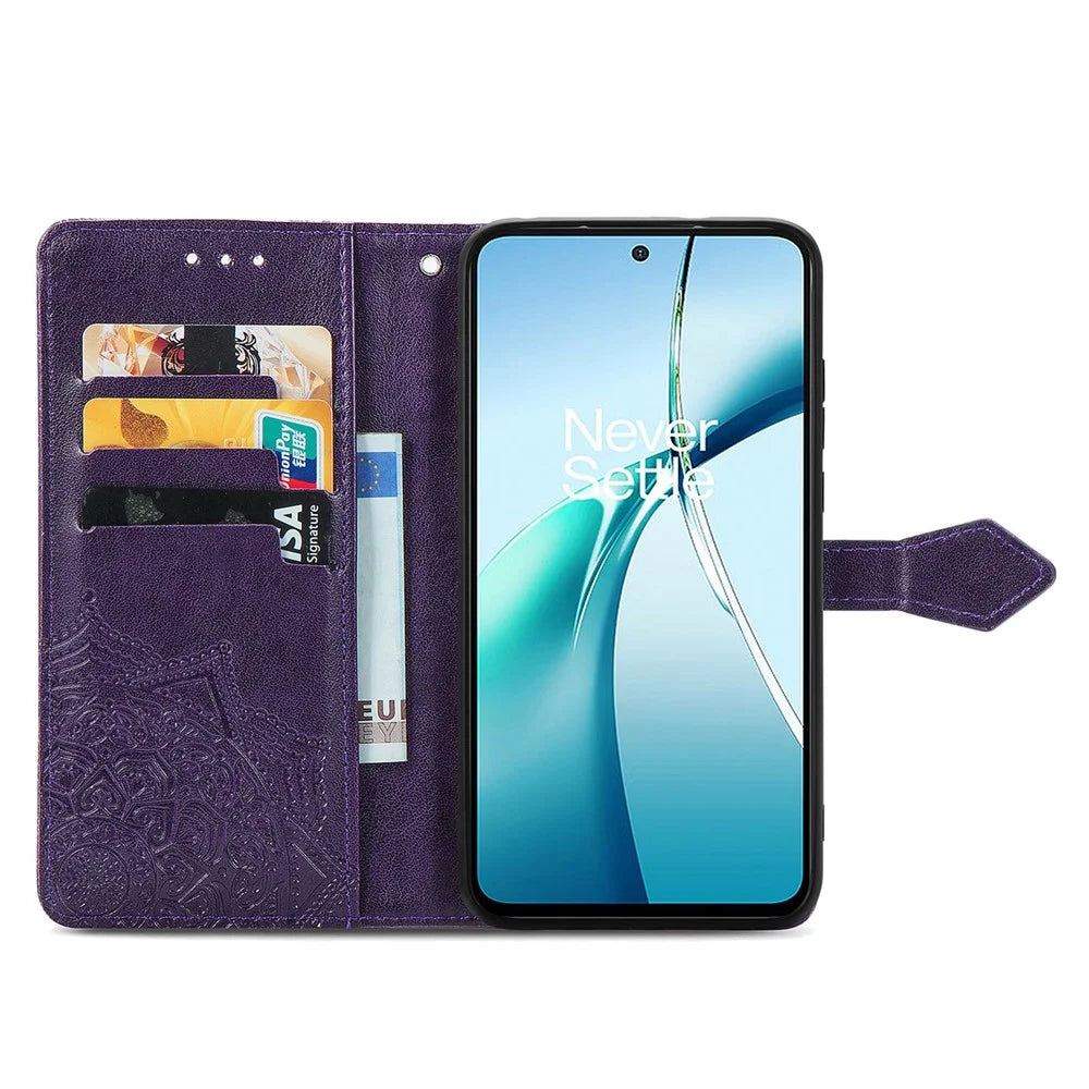 For OnePlus Nord CE4 Lite 5G  /  Oppo K12x 5G (China) Case Mandala Embossed Design Leather Wallet Phone Cover - Dark Purple - 2