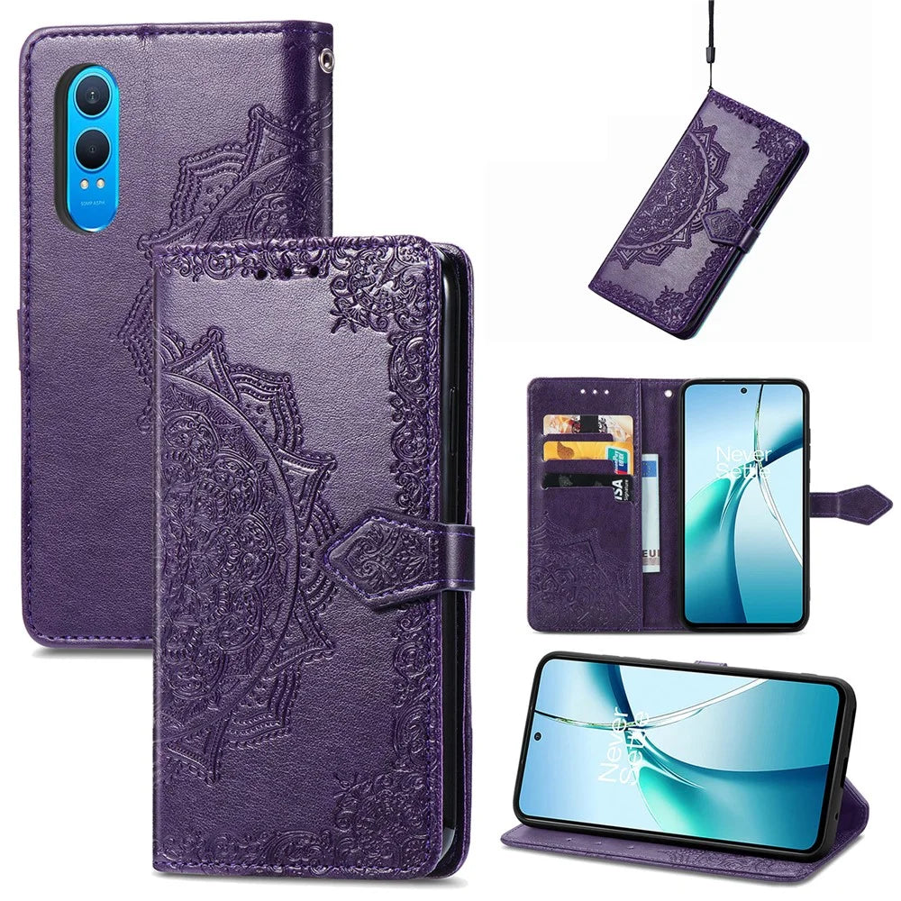 For OnePlus Nord CE4 Lite 5G  /  Oppo K12x 5G (China) Case Mandala Embossed Design Leather Wallet Phone Cover - Dark Purple - 7