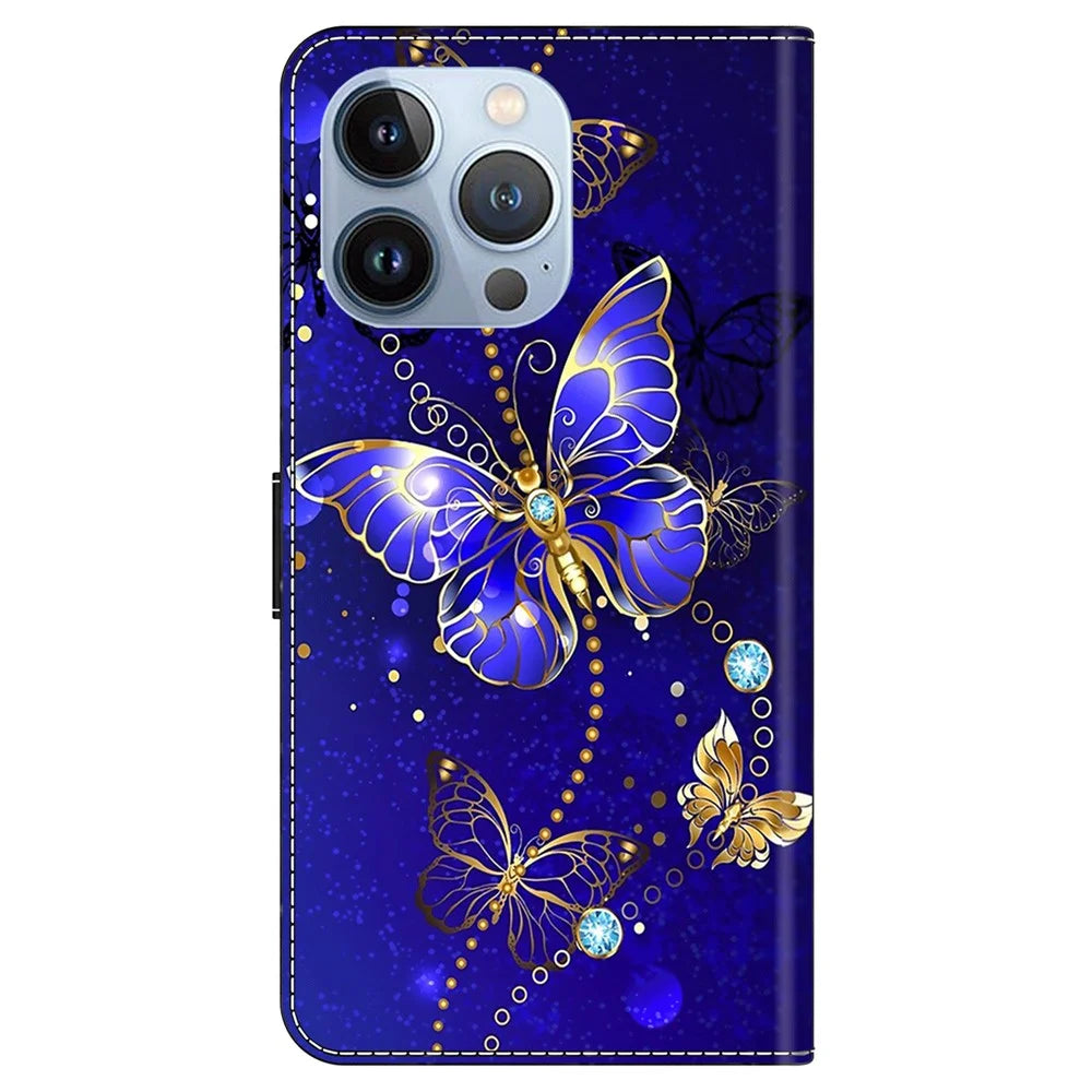For iPhone 16 Pro Case 3D Pattern PU Leather Wallet Phone Cover with Stand - Diamond Butterfly - 7
