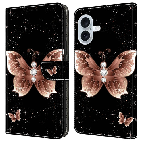 For iPhone 16 Plus Case 3D Pattern PU Leather Wallet Phone Cover with Stand - Pink Diamond Butterfly - 1