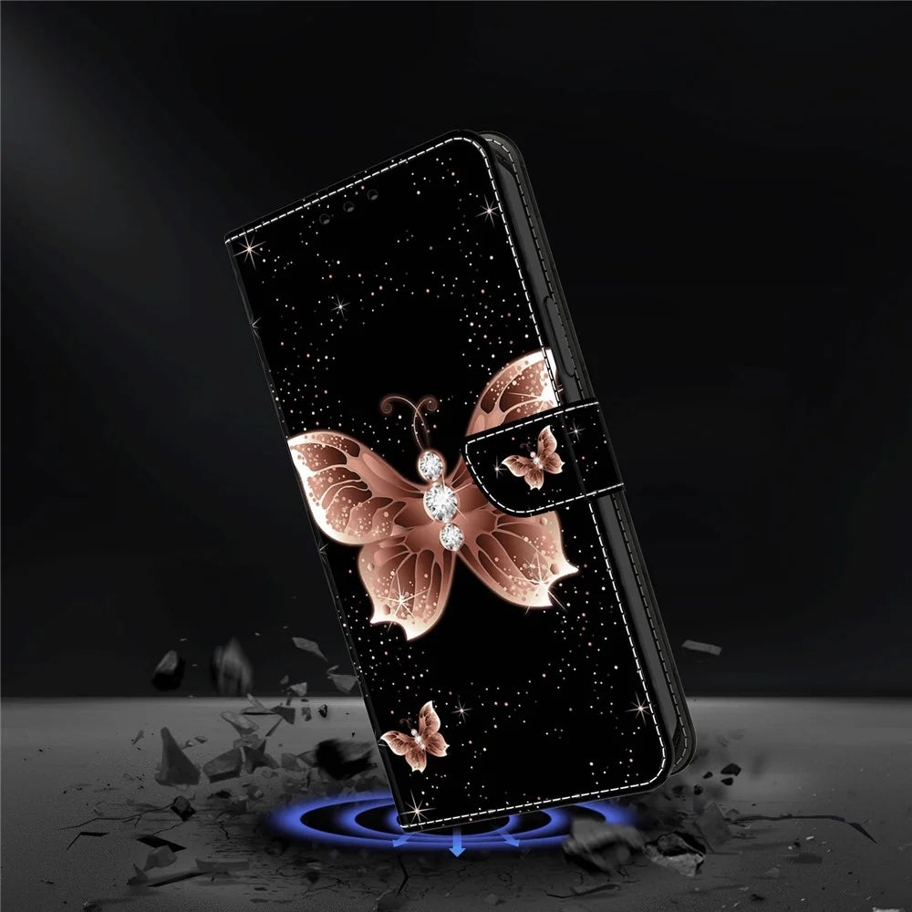 For iPhone 16 Plus Case 3D Pattern PU Leather Wallet Phone Cover with Stand - Pink Diamond Butterfly - 4