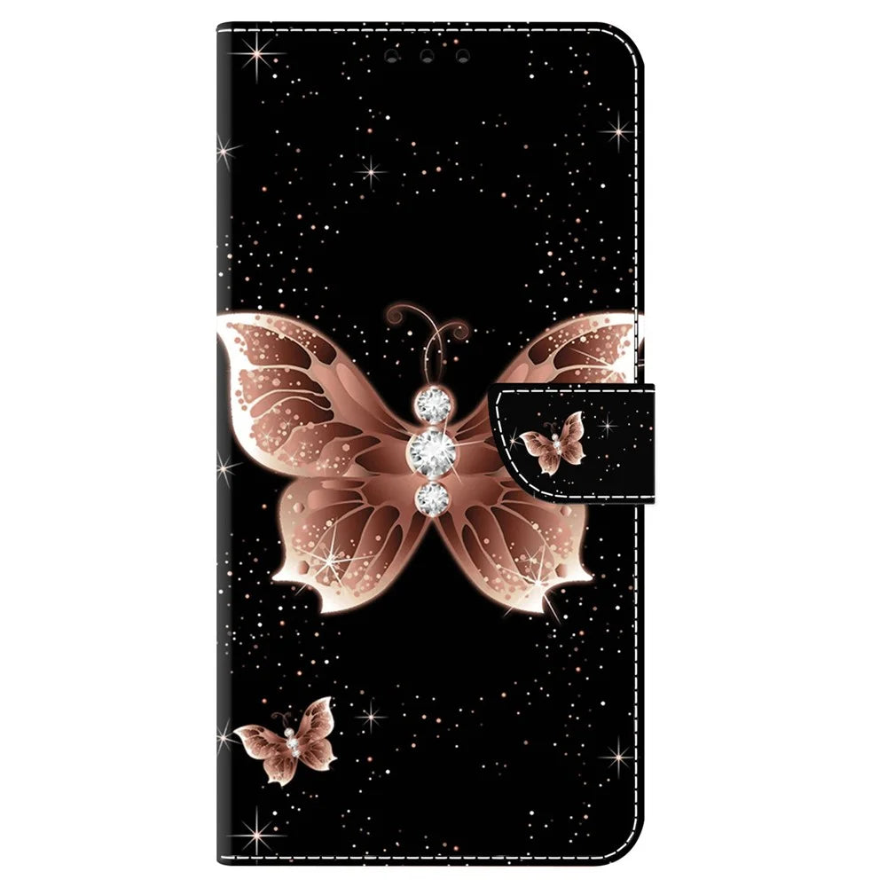 For iPhone 16 Plus Case 3D Pattern PU Leather Wallet Phone Cover with Stand - Pink Diamond Butterfly - 6